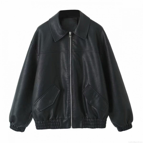 Women Fashion PU Faux Leather Jacket Lapel Long Sleeve Zip-Up Streetwear Outerwear Coat With Elastic Hem And Cuffs For Spring Autumn Casual