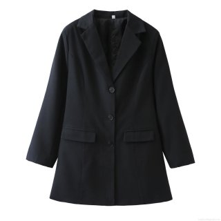 Women's Mid-Length Blazer Jacket 100% Polyester Notched Lapel Long Sleeve Casual Office Lady Street Style Black Outerwear With Buttons