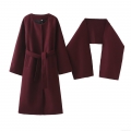 Women's Fashion Long Woolen Coat With Matching Scarf Wine Red Lace Up Waist Long Sleeve Outerwear For Autumn Winter Casual Streetwear