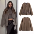 Women's Casual Sherpa Jacket Round Neck Single Breasted Faux Lamb Wool Coat With Large Pockets Loose Fit Fleece Outwear For Autumn Winter Brown