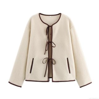 Women's Faux Sherpa Fleece Jacket Contrast Binding Bow Tie Front Round Neck Long Sleeve Warm Casual Outerwear Streetwear Coat For Winter Autumn