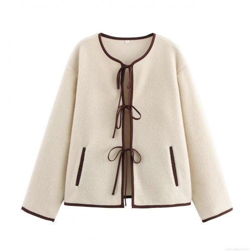 Women's Faux Sherpa Fleece Jacket Contrast Binding Bow Tie Front Round Neck Long Sleeve Warm Casual Outerwear Streetwear Coat For Winter Autumn