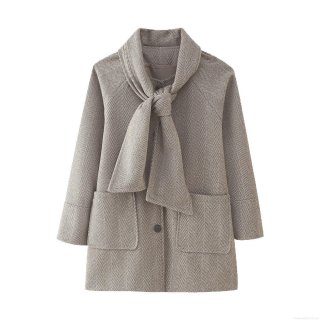 Women's Herringbone Woolen Coat With Scarf Collar Long Sleeve Polyester Outerwear For Autumn Winter Casual Streetwear Ladies Mid-Length Jacket