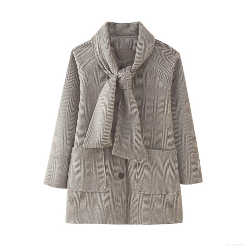 Women's Herringbone Woolen Coat With Scarf Collar Long Sleeve Polyester Outerwear For Autumn Winter Casual Streetwear Ladies Mid-Length Jacket