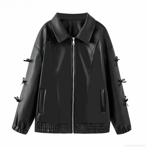 Women's Street Style Loose PU Leather Jacket With Bowknot Sleeves Mid-Length Zip Up Black Faux Leather Biker Coat For Spring Autumn