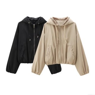 Women Hooded Windbreaker Jacket Casual Solid Color Zip Up Outerwear With Adjustable Drawstring Spring Autumn Streetwear Fashion Female Coat