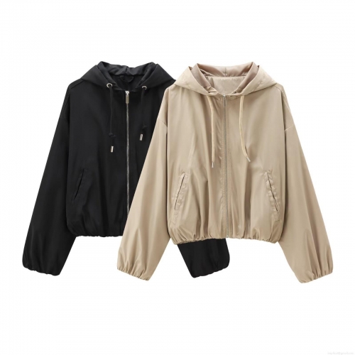 Women Hooded Windbreaker Jacket Casual Solid Color Zip Up Outerwear With Adjustable Drawstring Spring Autumn Streetwear Fashion Female Coat