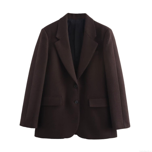 Women's Casual Loose Blazer Coat Wool Blend Notched Lapel Mid-Length Jacket Deep Brown Solid Color Fall Winter Outwear Streetwear For Women