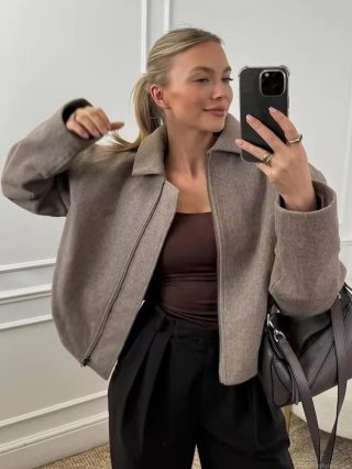 Women Short Woolen Texture Jacket Lapel Zipper Outerwear Casual Solid Color Coat Autumn Streetwear Ladies Vintage Style Cardigan Street Style Jacket