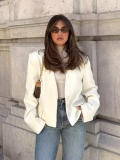 Women's Fashion V-Neck Short Blazer Jacket 100% Polyester Long Sleeve Pocketed Single-Breasted Outerwear European Street Style Professional Commute Solid Color White Coat