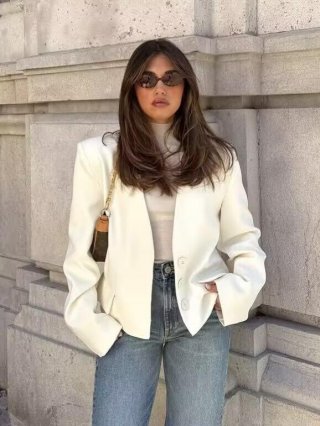Women's Fashion V-Neck Short Blazer Jacket 100% Polyester Long Sleeve Pocketed Single-Breasted Outerwear European Street Style Professional Commute Solid Color White Coat