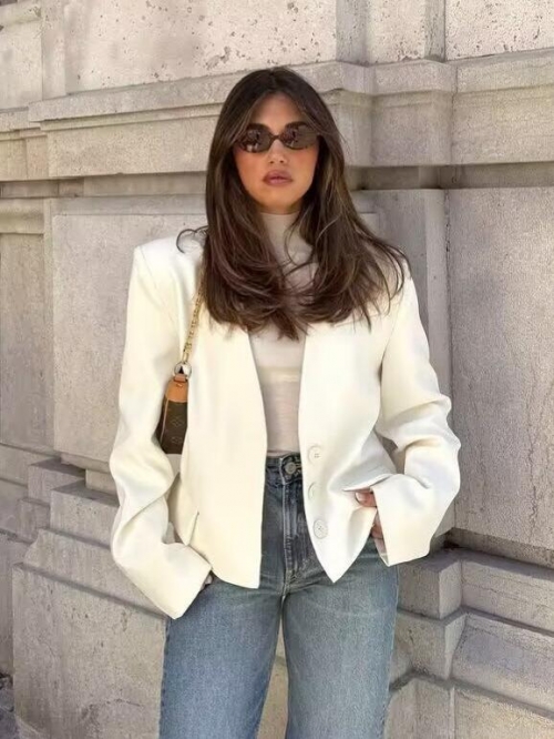 Women's Fashion V-Neck Short Blazer Jacket 100% Polyester Long Sleeve Pocketed Single-Breasted Outerwear European Street Style Professional Commute Solid Color White Coat