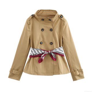 Women's Short Trench Coat Polyester Woven Double Breasted Jacket With Striped Scarf Belt Epaulettes Stand Collar Long Sleeve Windbreaker Streetwear Outwear For Women