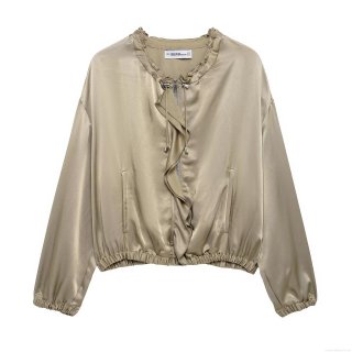 Women's Casual Satin Jacket Ruffle Collar Layered Decoration Zipper Solid Color Long Sleeve Outerwear Street Style Khaki Lightweight Coat