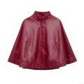 Women Fashion Wine Red Faux Leather Cloak Jacket Stand Collar Short Poncho Coat Streetwear Batwing Sleeve Zip-up Top Outerwear For Spring Autumn Casual Solid Color Leatherette Outerwear