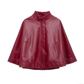 Women Fashion Wine Red Faux Leather Cloak Jacket Stand Collar Short Poncho Coat Streetwear Batwing Sleeve Zip-up Top Outerwear For Spring Autumn Casual Solid Color Leatherette Outerwear