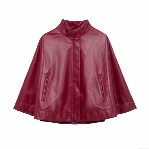 Women Fashion Wine Red Faux Leather Cloak Jacket Stand Collar Short Poncho Coat Streetwear Batwing Sleeve Zip-up Top Outerwear For Spring Autumn Casual Solid Color Leatherette Outerwear