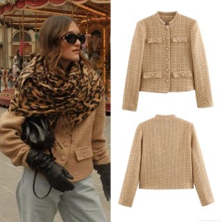 Women's Elegant Chanel Style Tweed Jacket With Gold Thread Round Neck Long Sleeve Single Breasted Button Down Crop Coat For Office Daily Streetwear Khaki