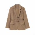 Women Casual Blazer Jacket Polyester Notched Lapel With Belt Loose Fit Solid Color Long Sleeve Suit Jacket For Daily Office Streetwear Autumn Spring Outerwear