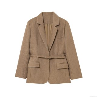 Women Casual Blazer Jacket Polyester Notched Lapel With Belt Loose Fit Solid Color Long Sleeve Suit Jacket For Daily Office Streetwear Autumn Spring Outerwear