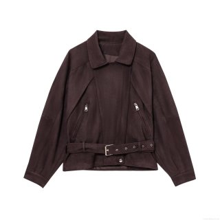 Women Fashion Faux Suede Biker Jacket With Belt Solid Color Vintage Moto Style Long Sleeve Zipper Coat Streetwear For Women
