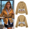 Women's Fashion Double Breasted Khaki Trench Coat With Striped Scarf Waist Belt Stand Collar Long Sleeve Woven Polyester Mid-Length Outerwear Jacket For Autumn Winter Streetwear