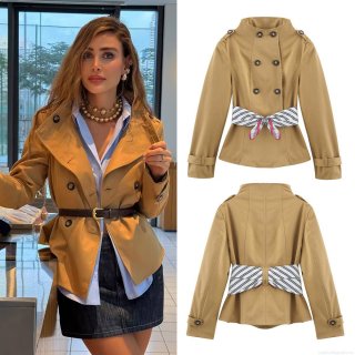 Women's Fashion Double Breasted Khaki Trench Coat With Striped Scarf Waist Belt Stand Collar Long Sleeve Woven Polyester Mid-Length Outerwear Jacket For Autumn Winter Streetwear