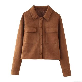 Women's Vintage Suede Leather Jacket Lapel Long Sleeve Single Breasted Bomber Coat With Chest Pockets Streetwear Fashion Outerwear