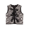 Women Leopard Print Quilted Vest Jacket With Large Black Satin Bows Sleeveless Round Neck Waistcoat Fashion Streetwear Outerwear For Lady