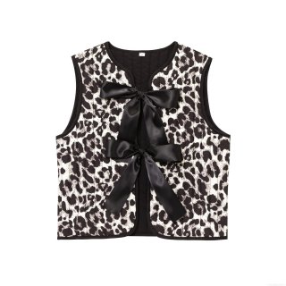 Women Leopard Print Quilted Vest Jacket With Large Black Satin Bows Sleeveless Round Neck Waistcoat Fashion Streetwear Outerwear For Lady