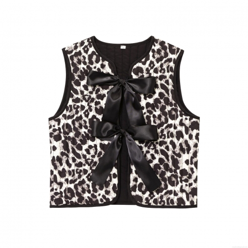 Women Leopard Print Quilted Vest Jacket With Large Black Satin Bows Sleeveless Round Neck Waistcoat Fashion Streetwear Outerwear For Lady