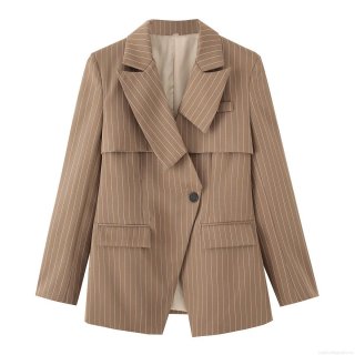 Women's Striped Blazer Jacket Loose Fit Long Sleeve Mid-Length Outerwear Polyester Camel Brown Casual Office Streetwear Fashion Ladies Suit Coat Top