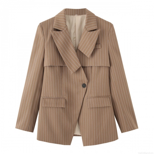 Women's Striped Blazer Jacket Loose Fit Long Sleeve Mid-Length Outerwear Polyester Camel Brown Casual Office Streetwear Fashion Ladies Suit Coat Top