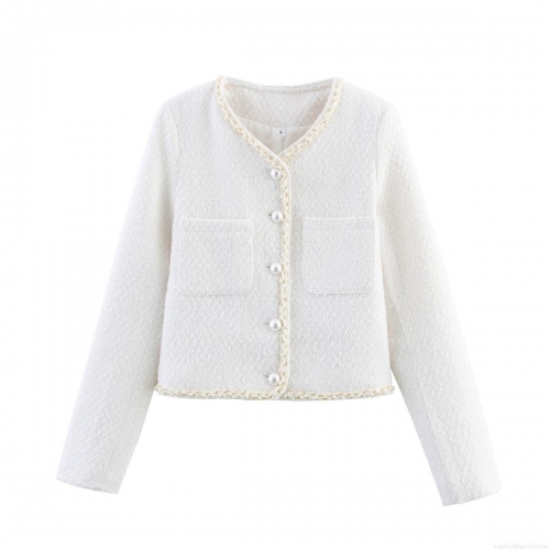 Women's Elegant White Tweed Jacket Round Neck Long Sleeve Cropped Coat With Pearl Buttons And Gold Braided Trim For Daily Office Party