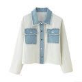 Women's Color Block Denim Jacket Short Knit Stitching Frayed Hem Turn-down Collar Button Down Coat Casual Streetwear Outerwear