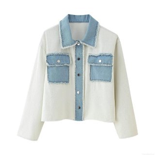 Women's Color Block Denim Jacket Short Knit Stitching Frayed Hem Turn-down Collar Button Down Coat Casual Streetwear Outerwear