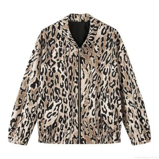 Women's Leopard Print Jacket Polyester Long Sleeve Lapel Zip Up Baseball Uniform Loose Streetwear Outerwear For Ladies With Metal Zipper