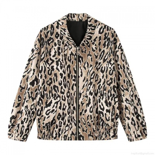 Women's Leopard Print Jacket Polyester Long Sleeve Lapel Zip Up Baseball Uniform Loose Streetwear Outerwear For Ladies With Metal Zipper