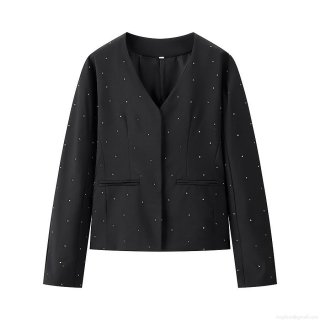 Women's Rhinestone V-Neck Jacket Long Sleeve Loose Single Breasted Polyester Outerwear For Autumn Winter Street Style Fashion Casual Coat