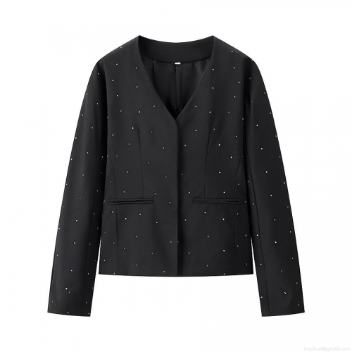 Women's Rhinestone V-Neck Jacket Long Sleeve Loose Single Breasted Polyester Outerwear For Autumn Winter Street Style Fashion Casual Coat