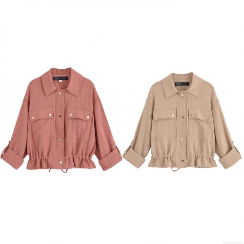 Women's Loose Utility Cargo Jacket Woven Cotton Linen Feel Long Sleeve Lapel Collar Adjustable Drawstring Hem Single Breasted Coat Street Casual Fashion Outwear