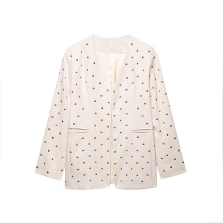 Women's Fashion Rivet Studded Blazer Jacket Casual V Neck Open Front Long Sleeve Suit Coat Elegant Solid Color Streetwear Outerwear For Lady Office