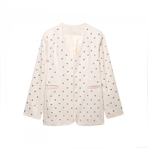 Women's Fashion Rivet Studded Blazer Jacket Casual V Neck Open Front Long Sleeve Suit Coat Elegant Solid Color Streetwear Outerwear For Lady Office
