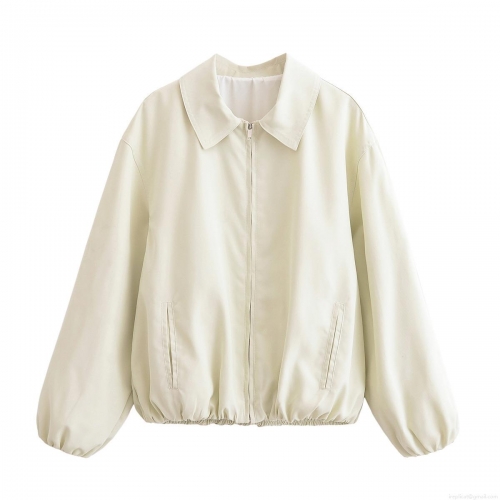 Women's Fashion Lapel Long Sleeve Zipper Jacket Polyester Solid Color Puff Hem Outerwear Short Coat For Autumn Daily Casual Streetwear