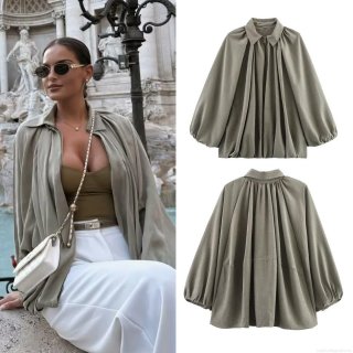 Women European Style Moss Green Puffy Bomber Jacket 100% Polyester Lapel Zipper Lantern Sleeve Loose Fit Pleated Shoulder Outerwear Streetwear For Women