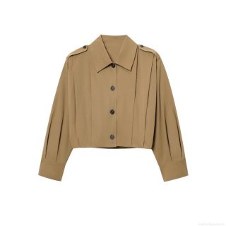 Women's Fashion Lapel Long Sleeve Pleated Jacket Casual Solid Color Button Up Short Baseball Uniform Outerwear With Epaulettes Streetwear