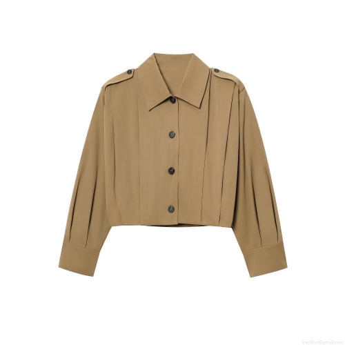 Women's Fashion Lapel Long Sleeve Pleated Jacket Casual Solid Color Button Up Short Baseball Uniform Outerwear With Epaulettes Streetwear