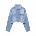 Women's Light Blue Distressed Cropped Denim Jacket Frayed Hem Long Sleeve Polyester Blend Washed Jean Coat Streetwear Fashion Outerwear For Women