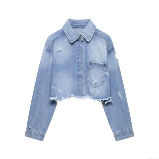 Women's Light Blue Distressed Cropped Denim Jacket Frayed Hem Long Sleeve Polyester Blend Washed Jean Coat Streetwear Fashion Outerwear For Women