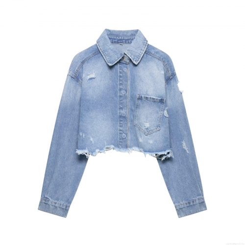 Women's Light Blue Distressed Cropped Denim Jacket Frayed Hem Long Sleeve Polyester Blend Washed Jean Coat Streetwear Fashion Outerwear For Women